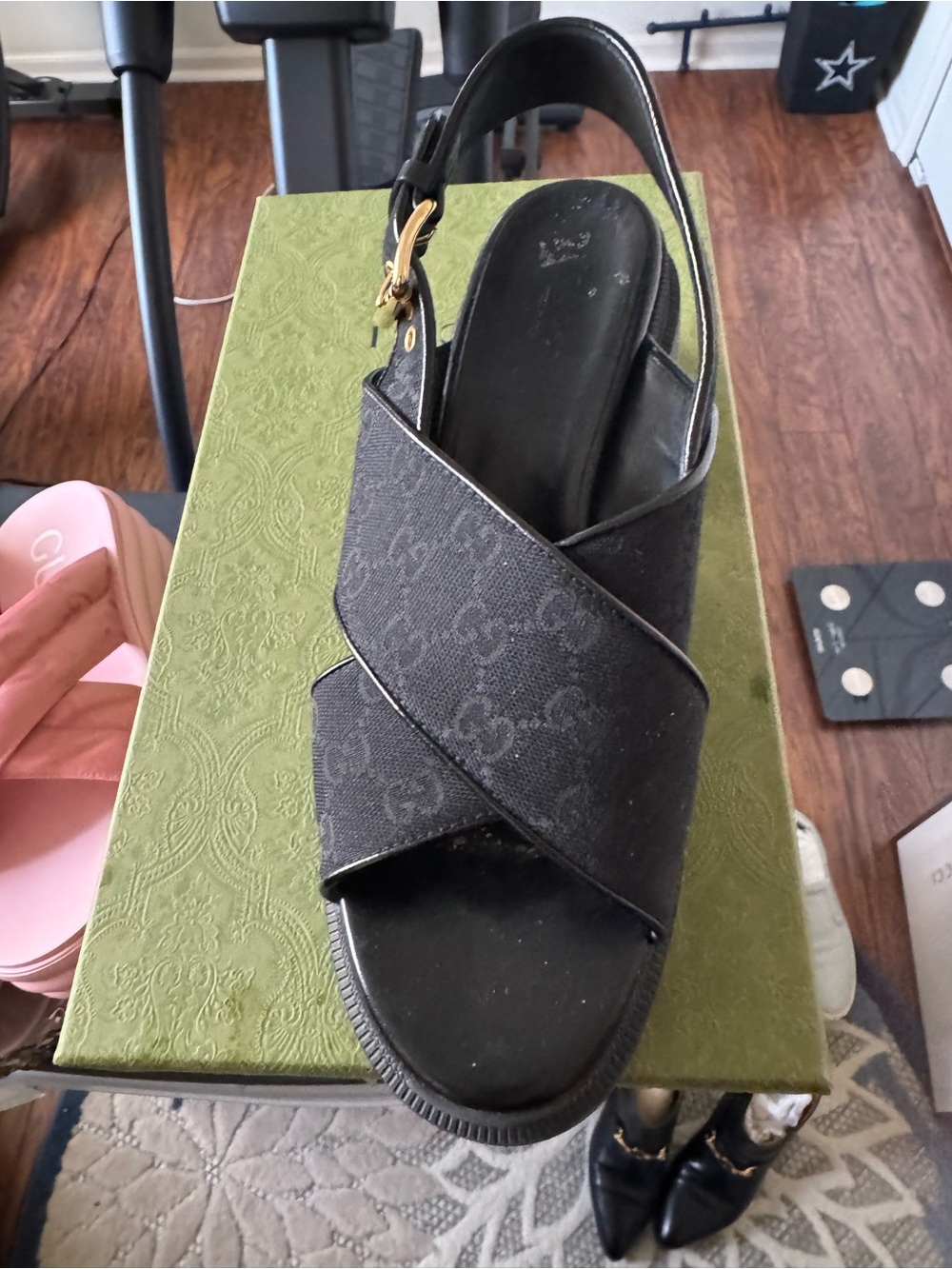 Gucci Black Crisscross Monogram Slingback Sandal with Gold Buckle